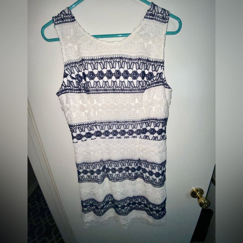 NWOT, blue and white striped lace dress.